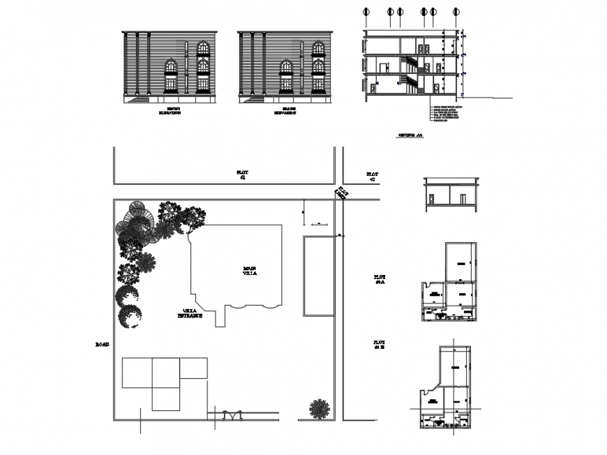 Villa elevation, section, site plan and auto-cad details dwg file