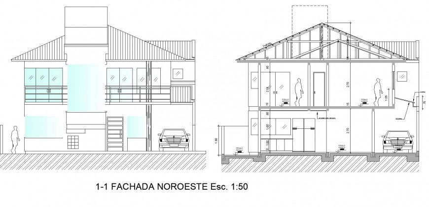 Villa elevation and section drawing detail in dwg AutoCAD file.