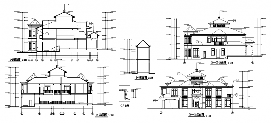 Villa elevation and top view layout plan detail dwg file