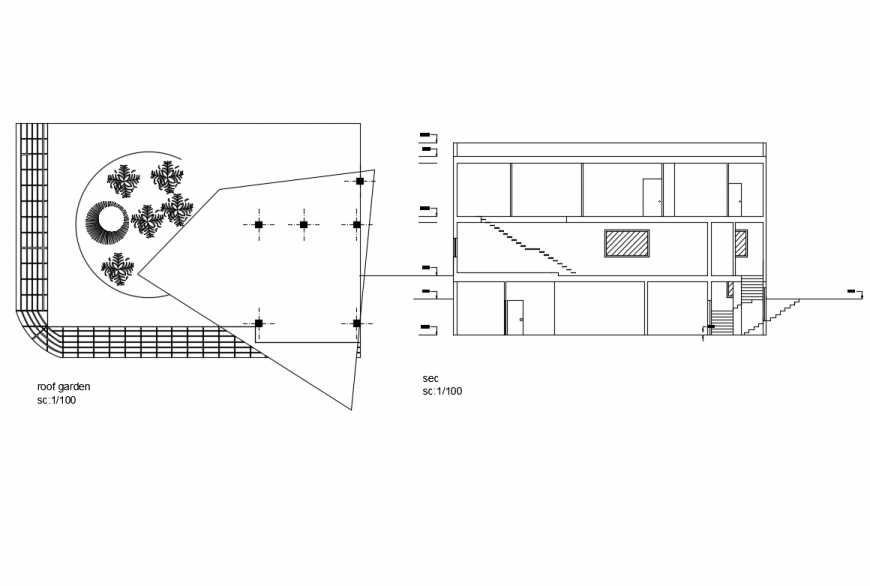 Villa house roof garden plan and front section details dwg file