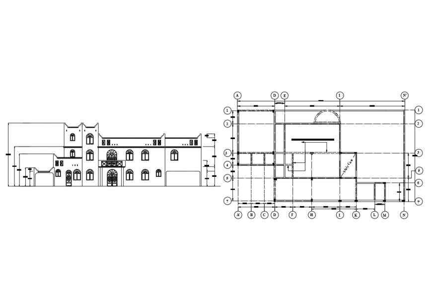 Villa left side elevation and ground floor framing plan cad drawing details dwg file