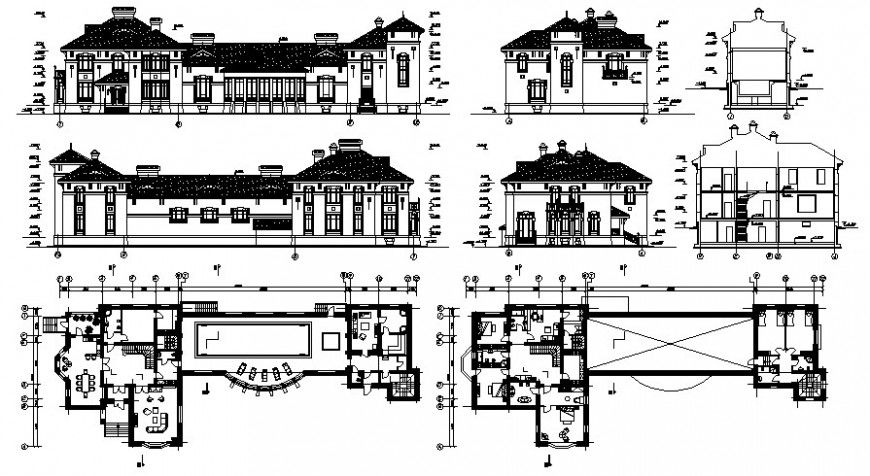 Villa with swimming pool details elevation and plan autocad file
