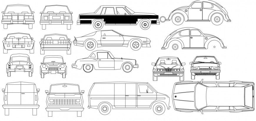 Vintage car top view and side and front view model detail