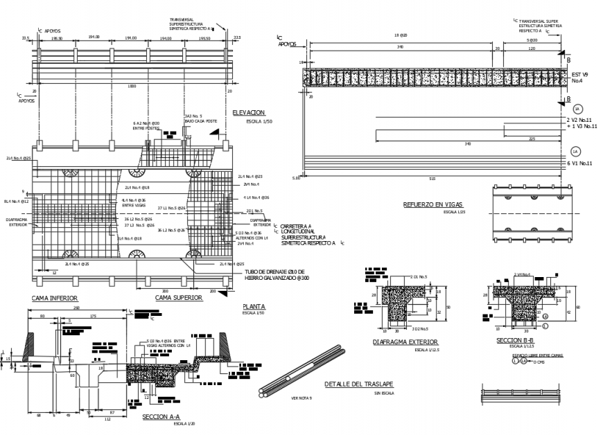 Virtual city bridge elevation, section and constructive details dwg file