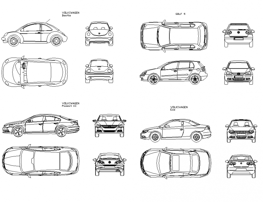 Volkswagen car detail elevation 2d view layout file