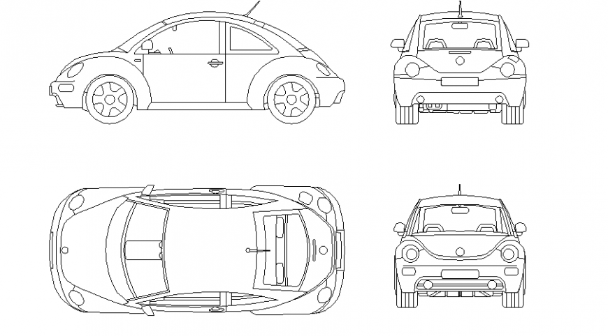Volkswagen beetle family car all sided elevation block details dwg file