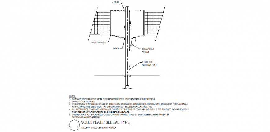 Volley-ball sleeve type center with winch detail plan dwg file