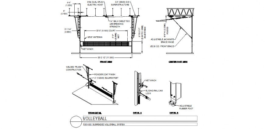 Volley ball court detail elevation autocad file