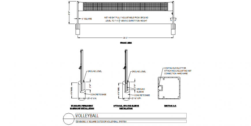 Volley ball ground plan and section detail layout file