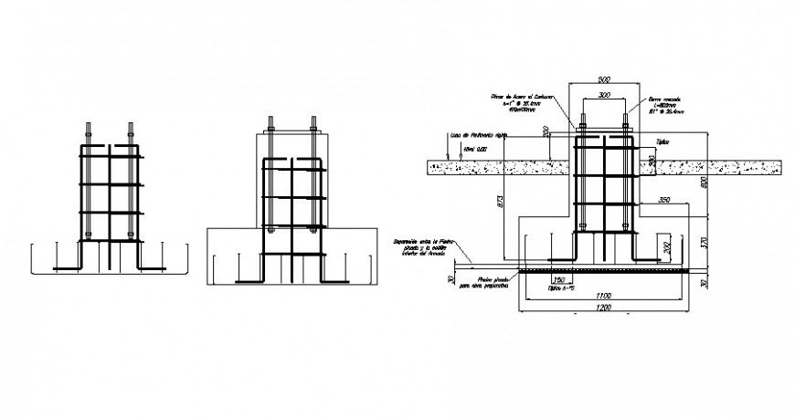 Wall and column foundation elevation construction view in auto cad