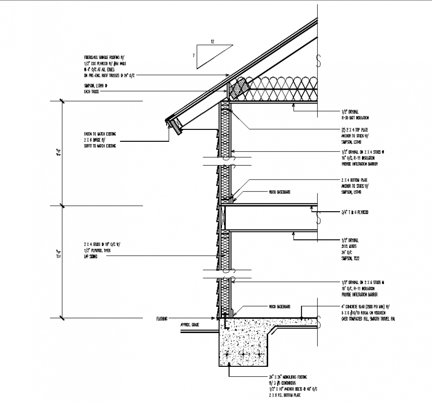 Wall and column foundation elevation detail with construction design dwg file