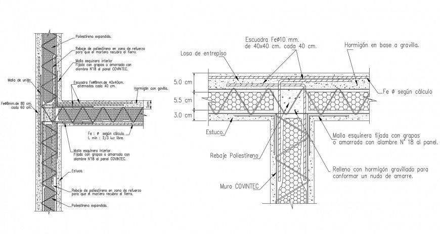 Wall and floor construction view with metal bar support in auto cad