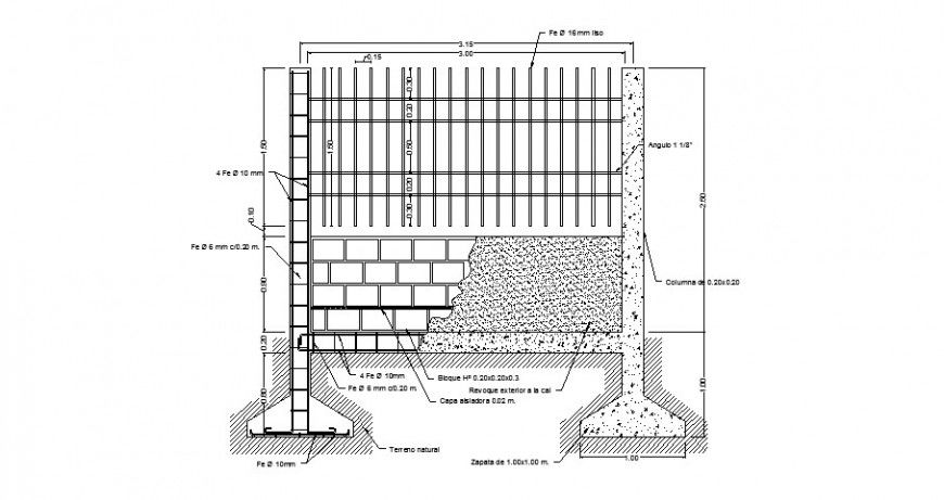 Wall and gate constructive structure cad drawing details dwg file