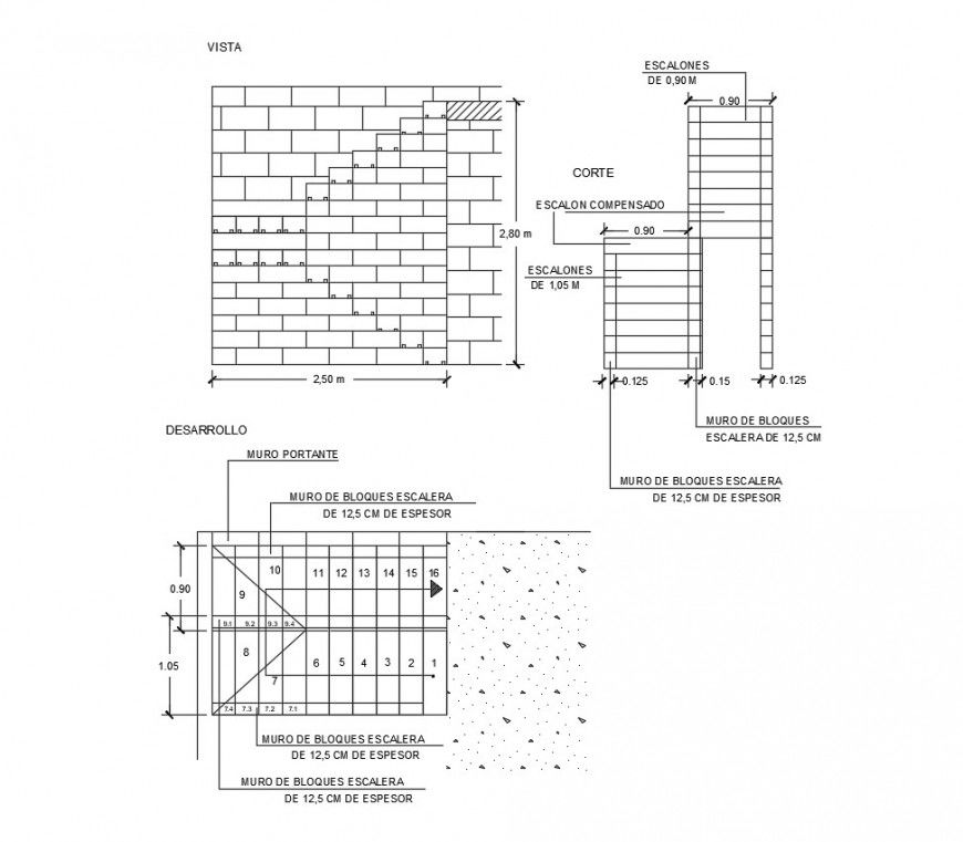 Wall and view of stair construction view elevation in auto cad