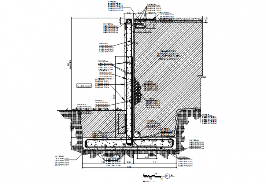 Wall block section and constructive structure details dwg file