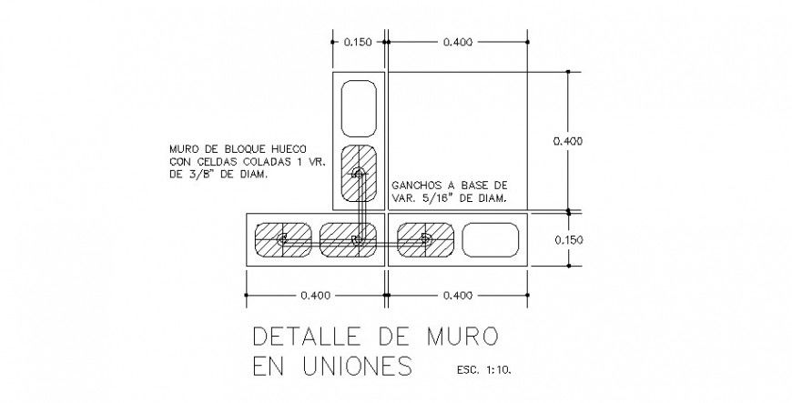Wall block union constructive structure cad drawing details dwg file