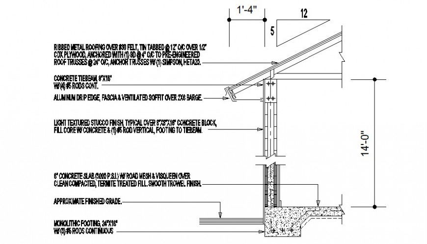 Wall block with roofing structure details 2d view autocad file