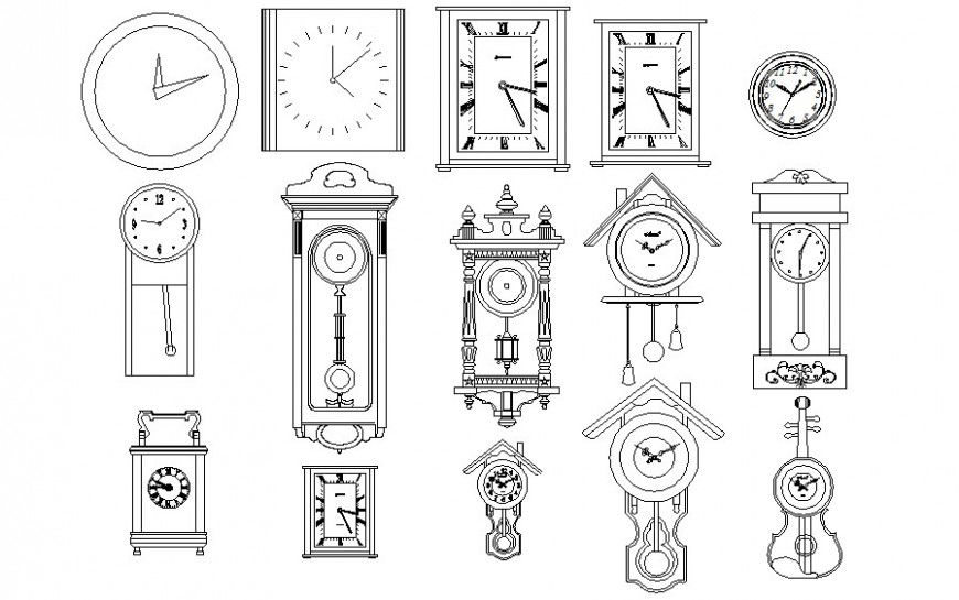 Wall clocks details elevation 2d drawing autocad file