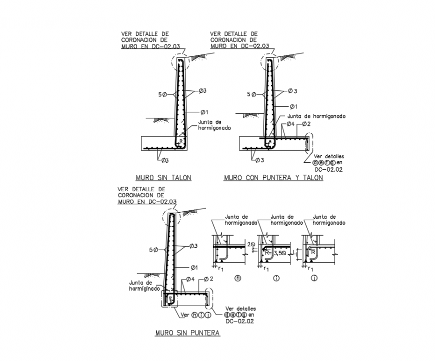Wall construction details with reinforcement concrete dwg file