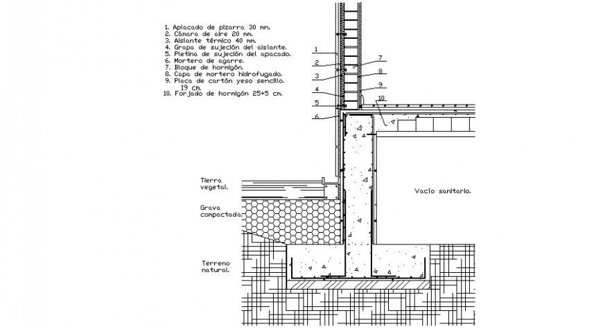 Wall constructive section with footings cad drawing details dwg file