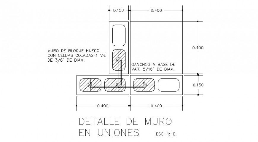 Wall encounter block constructive structure details dwg file