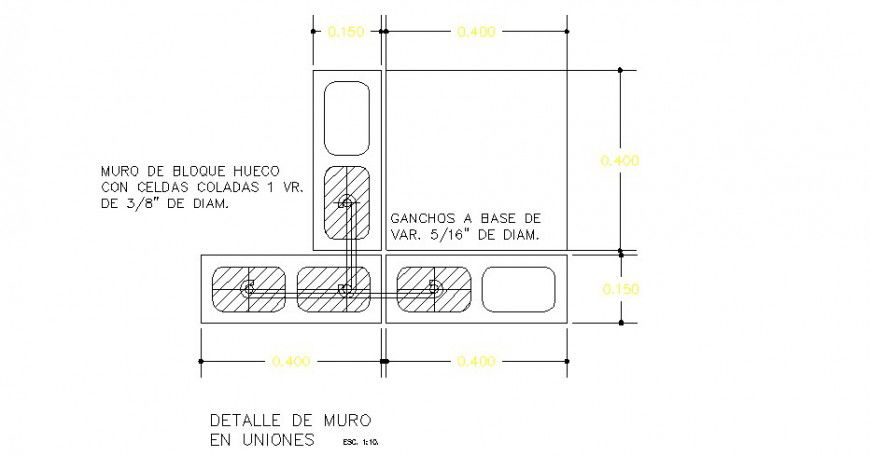 Wall in union block and constructive structure cad drawing details dwg file