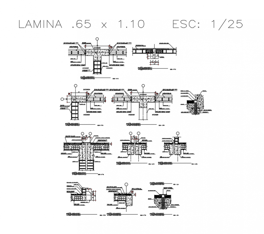 Wall joints and constructive details with column dwg file