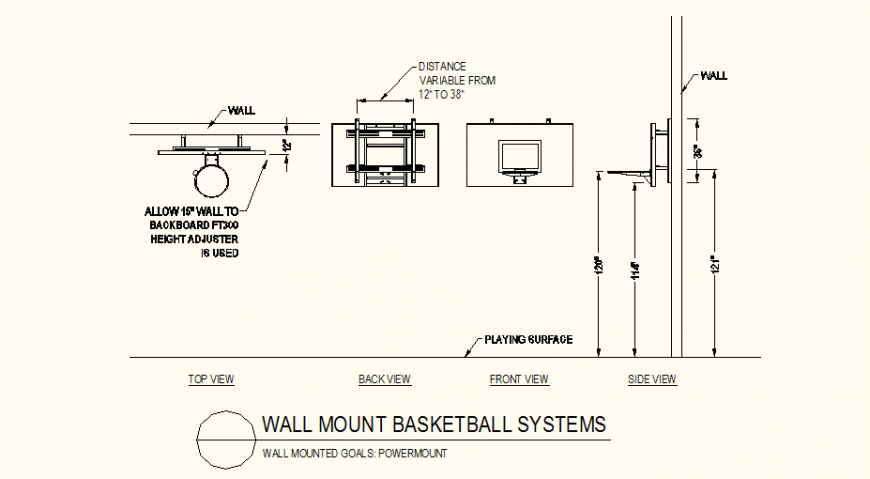 Wall mount power-mount detail plan and elevation autocad file