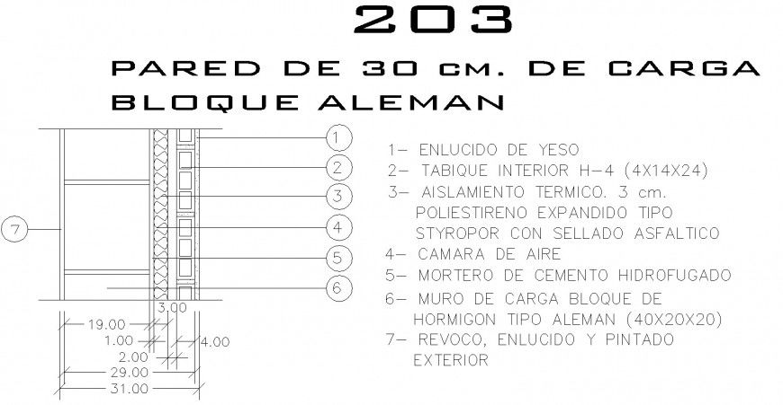 Wall of 30 cm. German block load detail drawing in dwg AutoCAD file.