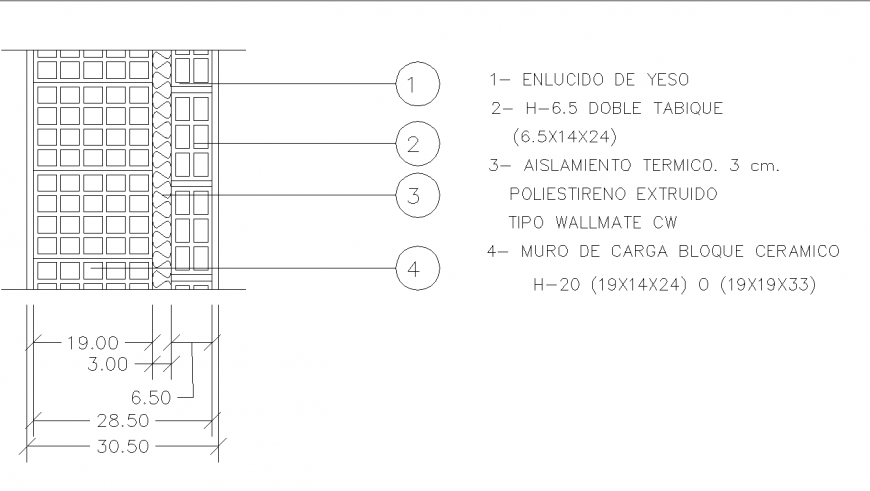 Wall of blocks hole ceramic 31 cm thickness section plan autocad file