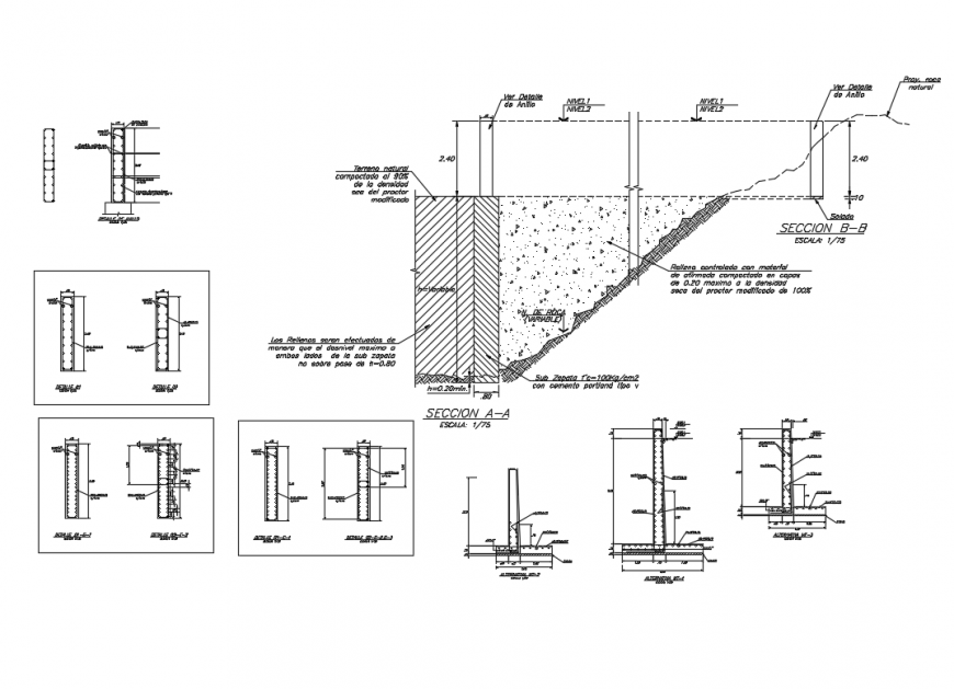 Wall of containment constructive structure details dwg file