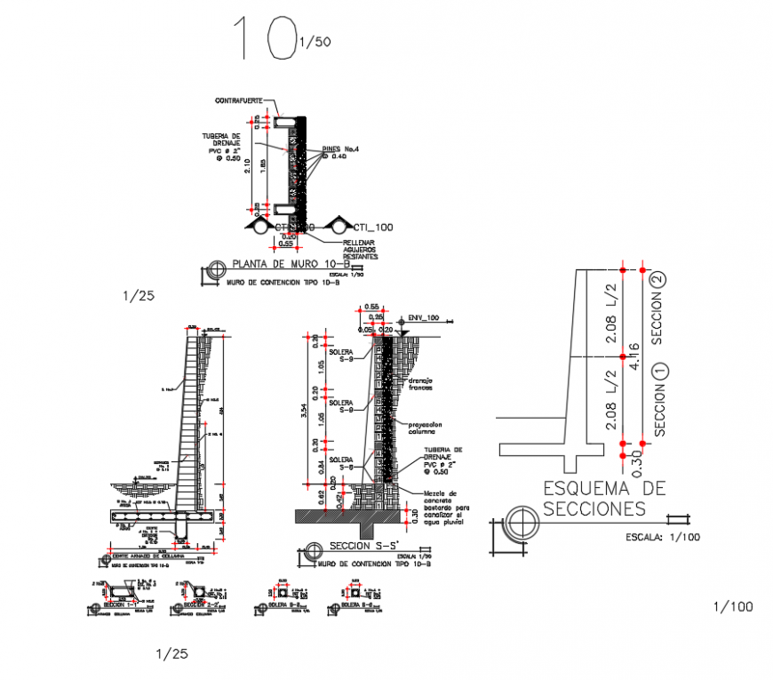 Wall of contention 354m high column details dwg file