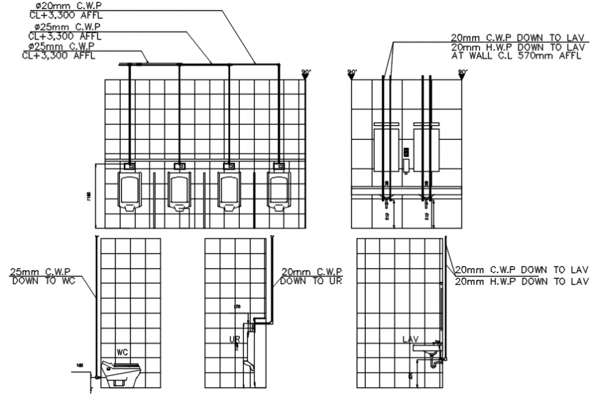 Wall section, installation and plumbing details of toilets dwg file
