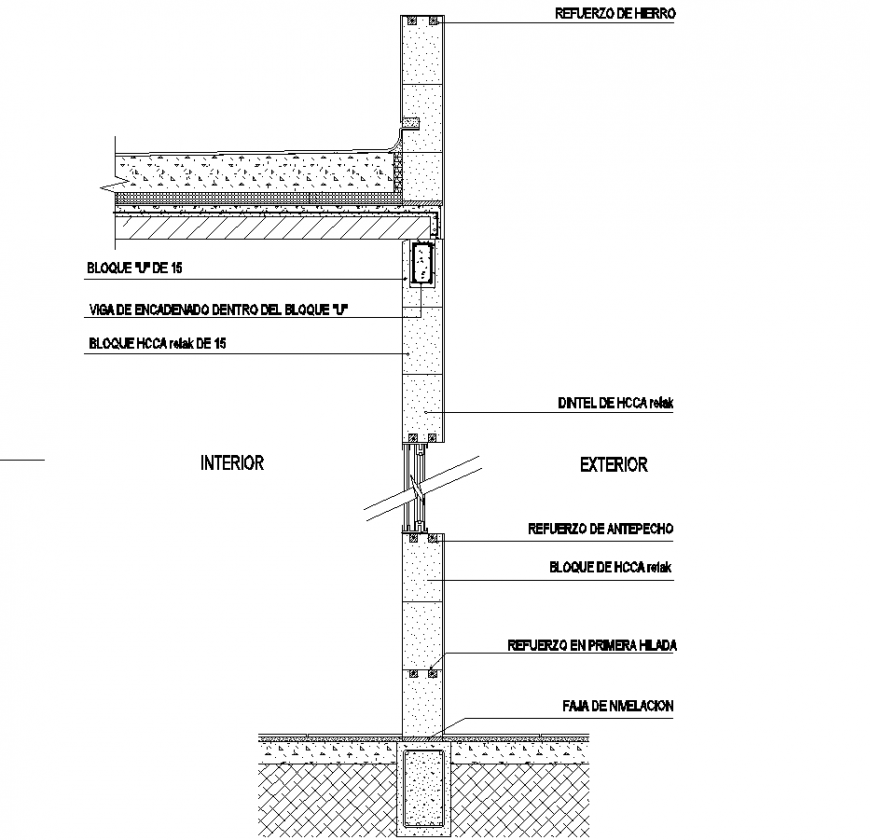 Wall section drawing with details in dwg file.