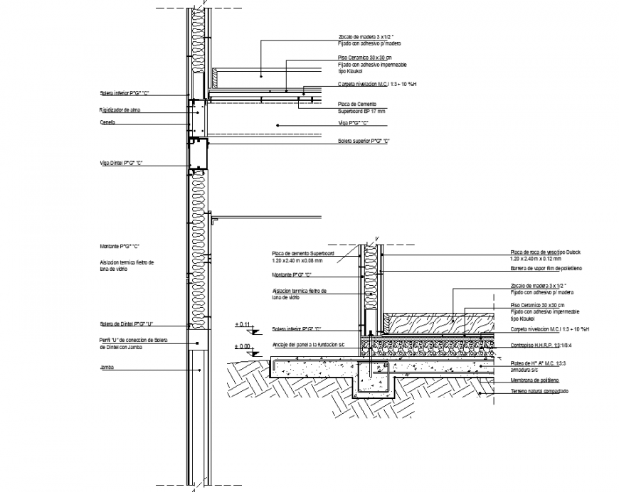 Wall section drawing with insulation details in dwg file.