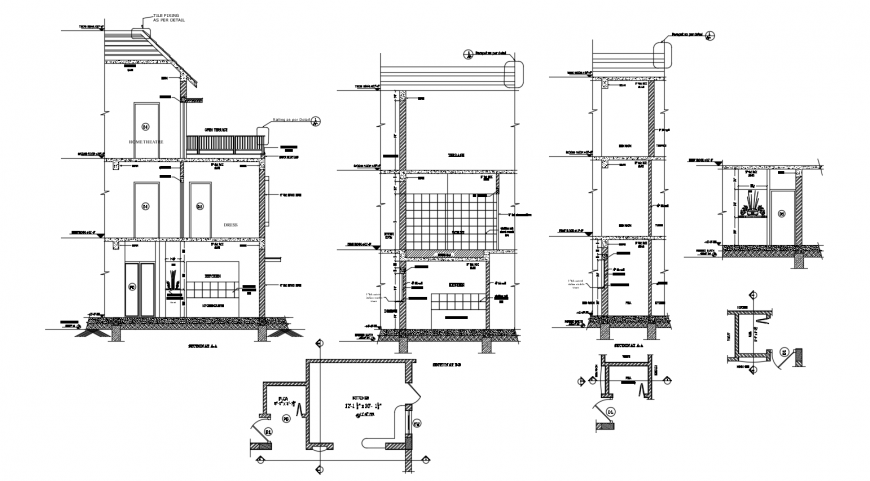 Wall section elevation,plan and side view of building with construction view dwg file