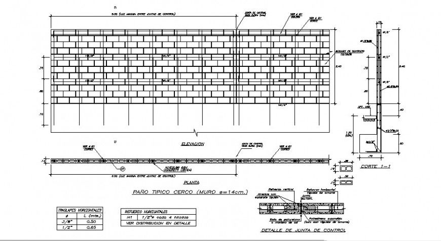 Wall with brick construction detail plan and elevation in auto cad