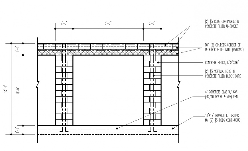 Wall with footing detail in elevation with construction design dwg file