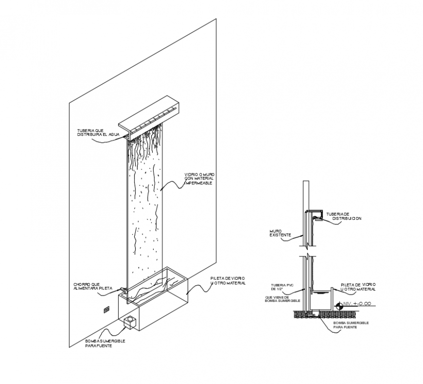 Wall with Waterfall CAD DWG Detail for Interior and Landscape Design