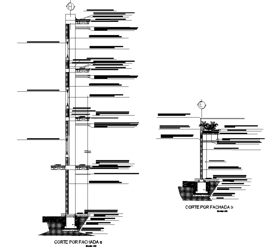 Walls section facade detail elevation autocad file
