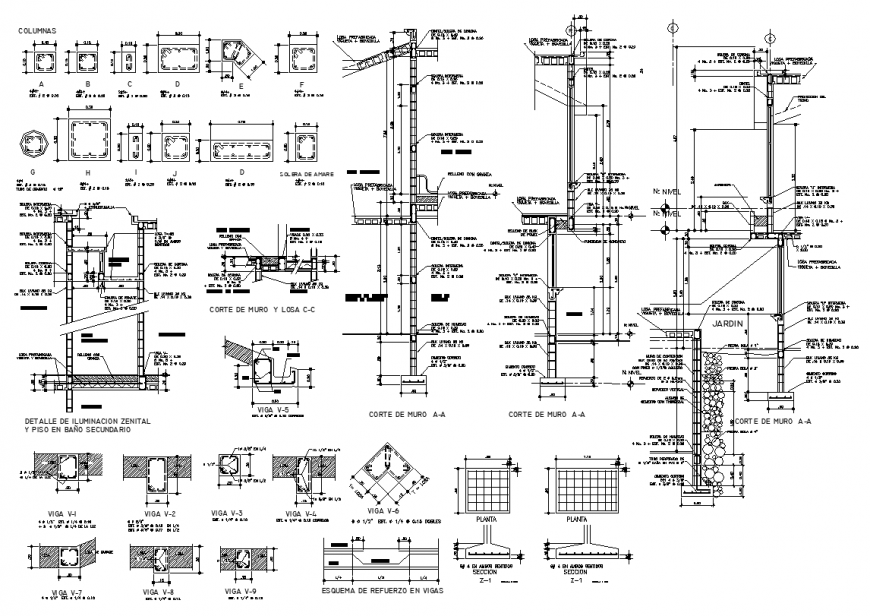 Walls sectional plan and column detail elevation layout file