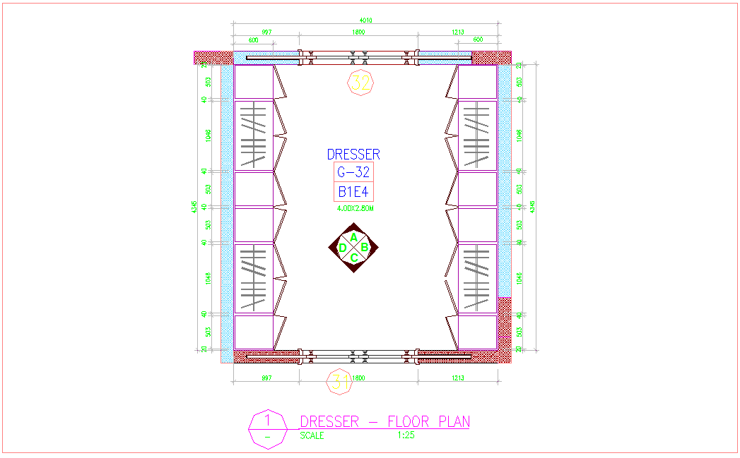 wardrobe detail in dresser floor area with furniture view dwg file