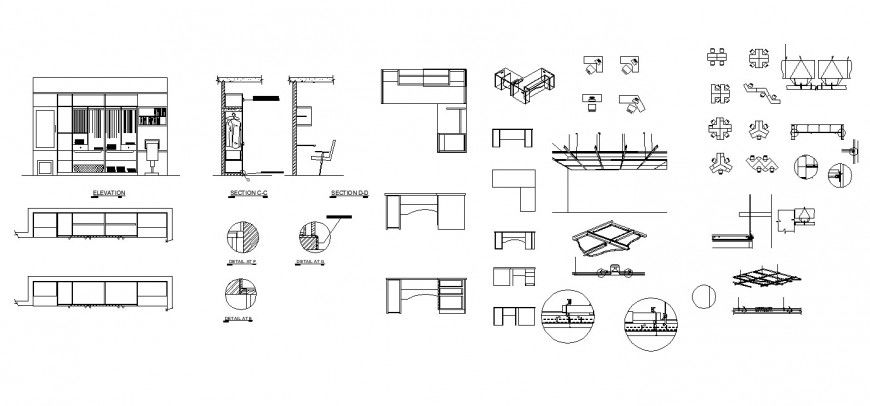 Wardrobe , study table , ceiling and office cubicle working drawing in dwg file.