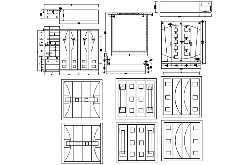 Wardrobe all sided elevation, section and plan drawing details dwg file