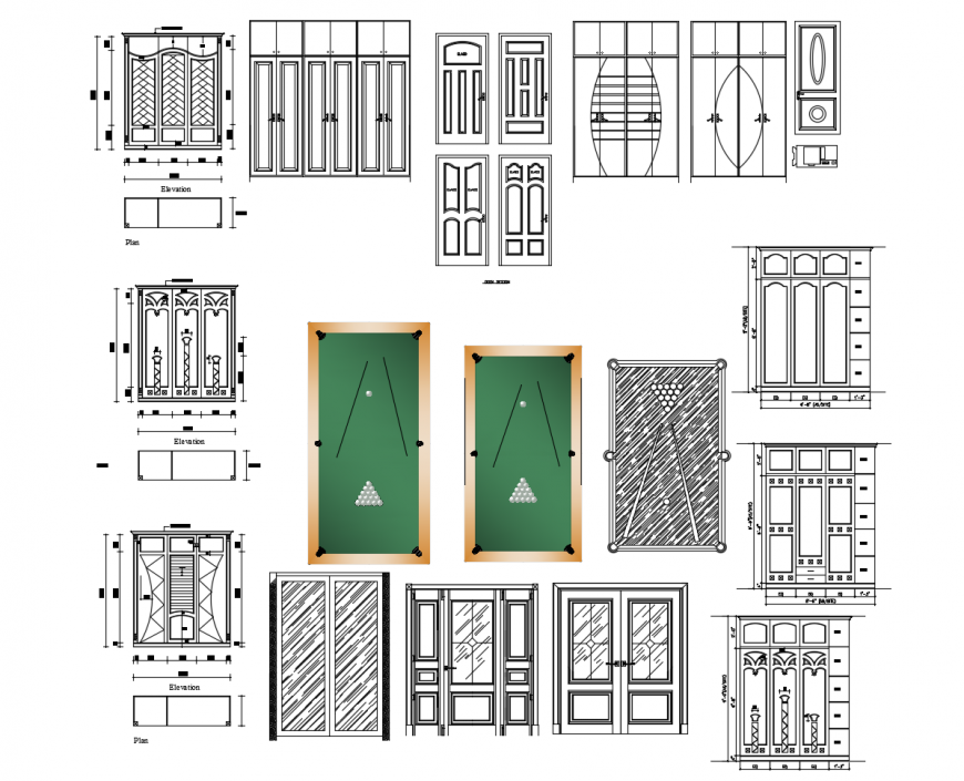 Wardrobe and pool table detail furniture units dwg file