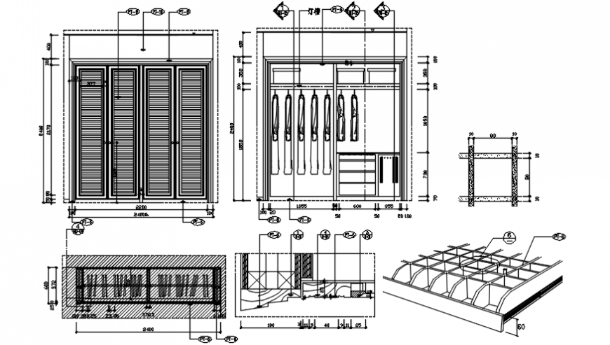 Wardrobe closet elevation, section, plan and carpentry drawing details dwg file