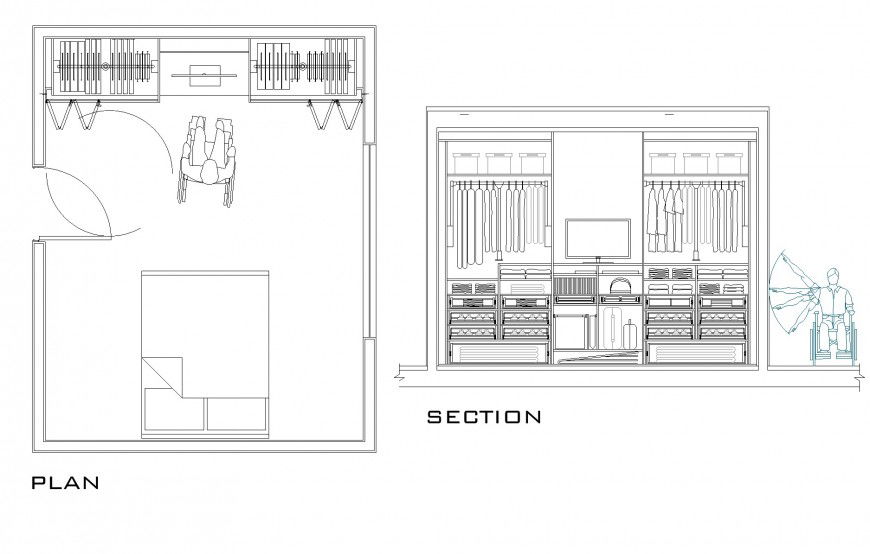 Wardrobe design for disabled Plan and section layout file