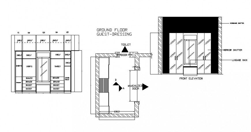 Wardrobe dressing table elevation and drawing details dwg file