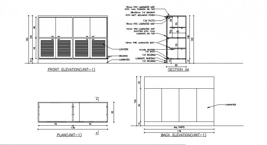 Wardrobe elevation, section, plan and auto-cad details dwg file