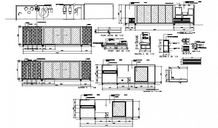 Wardrobe elevation, section, plan and carpentry and furniture drawing details dwg file